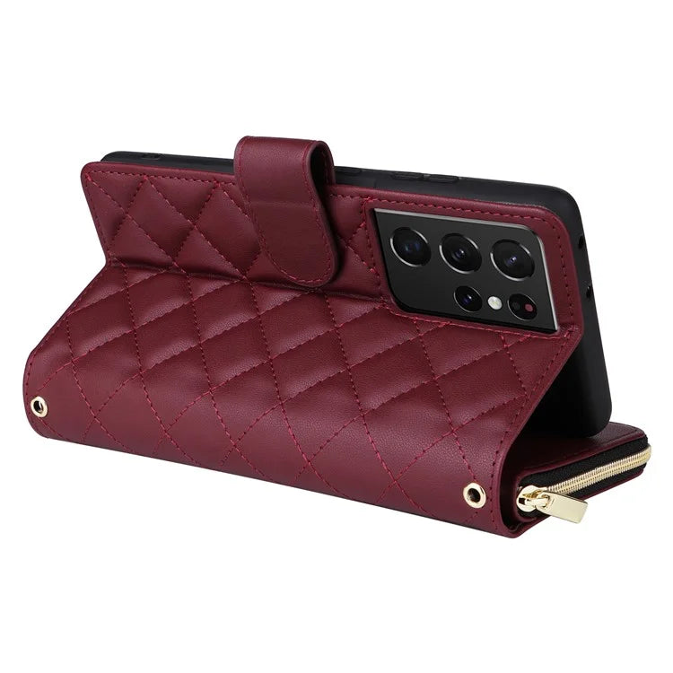 For Samsung Galaxy S21 Ultra 5G Case with Shoulder Strap Rhombus Zipper Leather Phone Cover