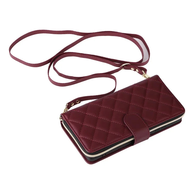 For Samsung Galaxy S21 Ultra 5G Case with Shoulder Strap Rhombus Zipper Leather Phone Cover