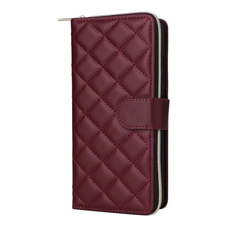 For Samsung Galaxy S21 Ultra 5G Case with Shoulder Strap Rhombus Zipper Leather Phone Cover