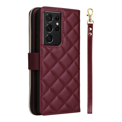 For Samsung Galaxy S21 Ultra 5G Case with Shoulder Strap Rhombus Zipper Leather Phone Cover