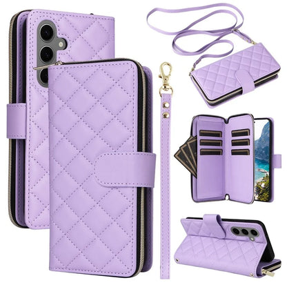 For Samsung Galaxy S24 Phone Case Leather Flip Cover with Rhombus Zipper Pocket