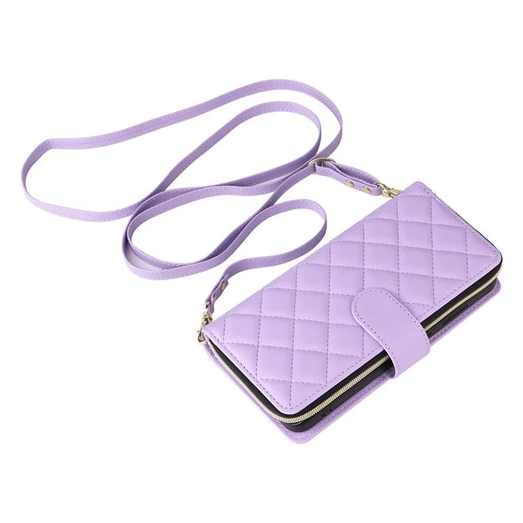 For Samsung Galaxy S24 Phone Case Leather Flip Cover with Rhombus Zipper Pocket