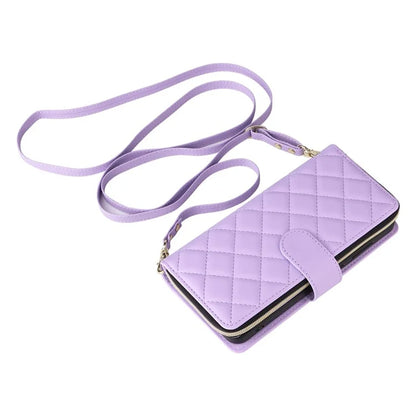 For Samsung Galaxy S24 Phone Case Leather Flip Cover with Rhombus Zipper Pocket