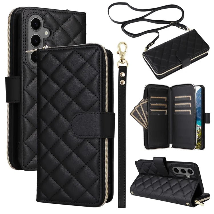 For Samsung Galaxy S24 Phone Case Leather Flip Cover with Rhombus Zipper Pocket