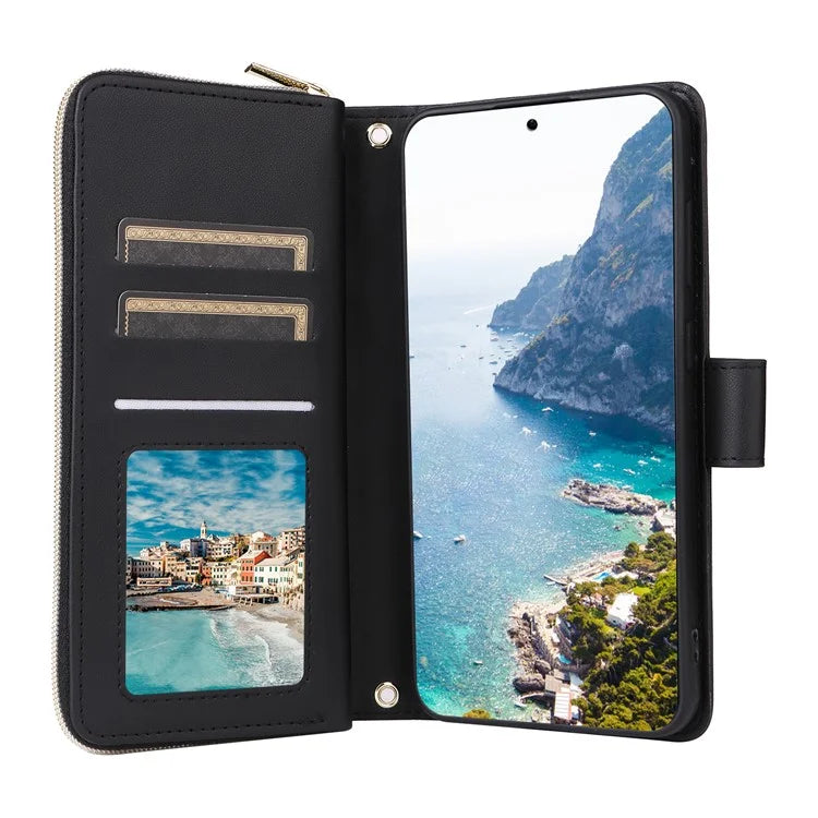 For Samsung Galaxy S24 Phone Case Leather Flip Cover with Rhombus Zipper Pocket