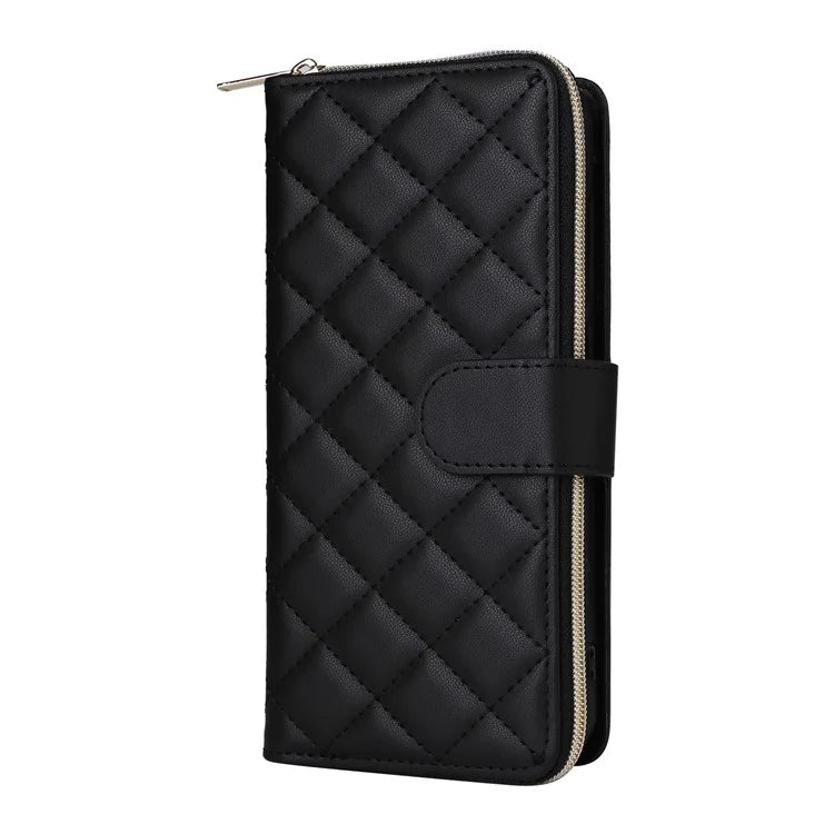 For Samsung Galaxy S24 Phone Case Leather Flip Cover with Rhombus Zipper Pocket