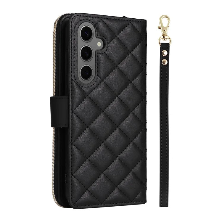 For Samsung Galaxy S24 Phone Case Leather Flip Cover with Rhombus Zipper Pocket