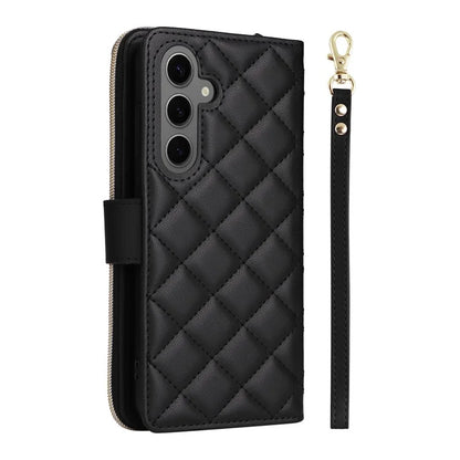 For Samsung Galaxy S24 Phone Case Leather Flip Cover with Rhombus Zipper Pocket