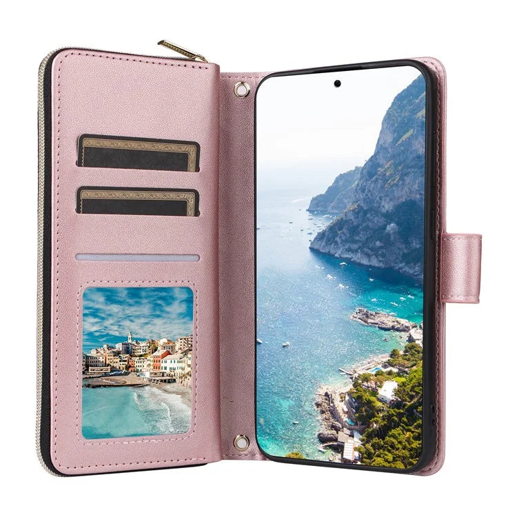 For Samsung Galaxy S24 Phone Case Leather Flip Cover with Rhombus Zipper Pocket
