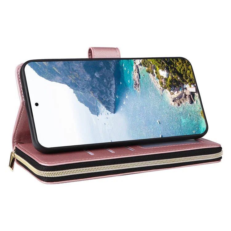 For Samsung Galaxy S24 Phone Case Leather Flip Cover with Rhombus Zipper Pocket