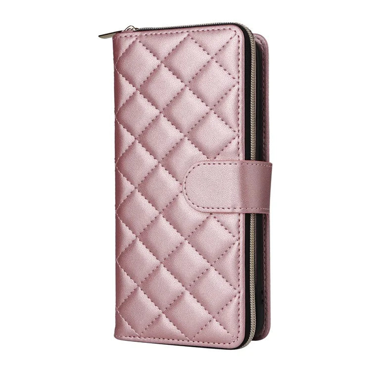 For Samsung Galaxy S24 Phone Case Leather Flip Cover with Rhombus Zipper Pocket