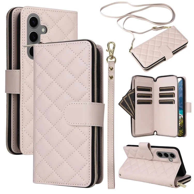 For Samsung Galaxy S24 Phone Case Leather Flip Cover with Rhombus Zipper Pocket