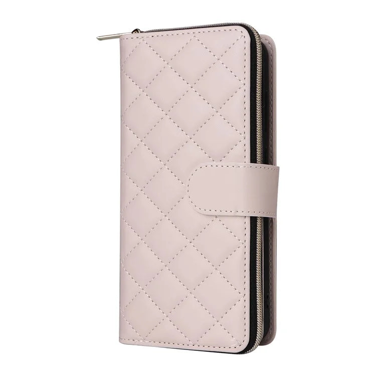 For Samsung Galaxy S24 Phone Case Leather Flip Cover with Rhombus Zipper Pocket
