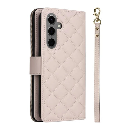 For Samsung Galaxy S24 Phone Case Leather Flip Cover with Rhombus Zipper Pocket