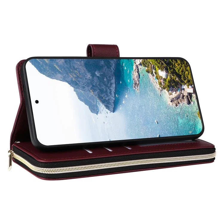 For Samsung Galaxy S24 Phone Case Leather Flip Cover with Rhombus Zipper Pocket