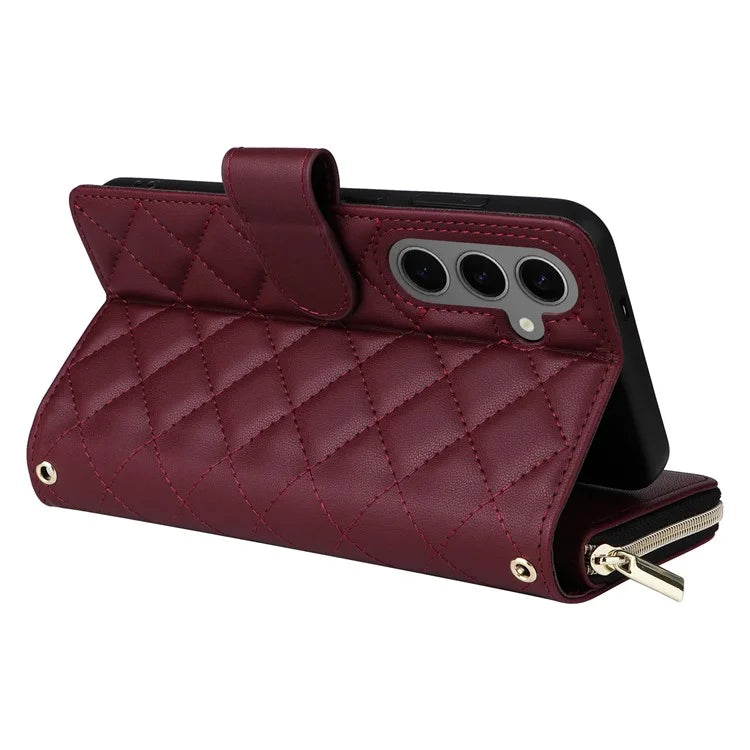 For Samsung Galaxy S24 Phone Case Leather Flip Cover with Rhombus Zipper Pocket
