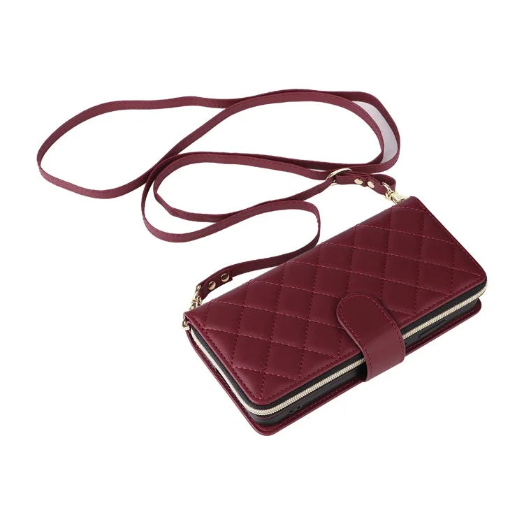 For Samsung Galaxy S24 Phone Case Leather Flip Cover with Rhombus Zipper Pocket