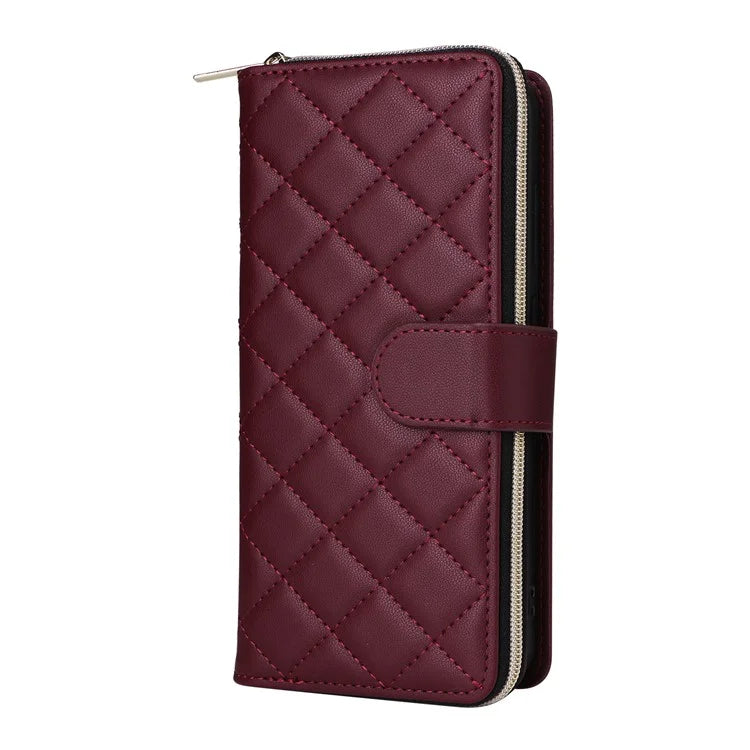 For Samsung Galaxy S24 Phone Case Leather Flip Cover with Rhombus Zipper Pocket