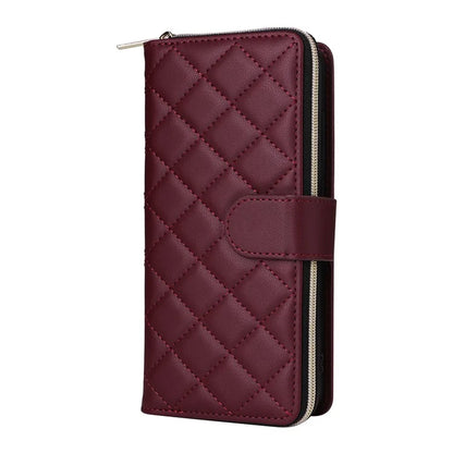 For Samsung Galaxy S24 Phone Case Leather Flip Cover with Rhombus Zipper Pocket