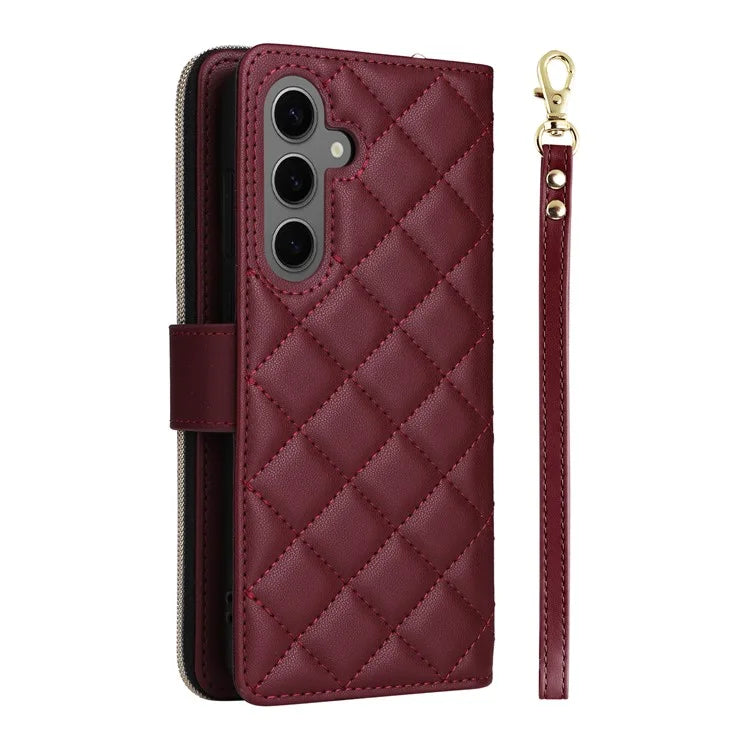For Samsung Galaxy S24 Phone Case Leather Flip Cover with Rhombus Zipper Pocket