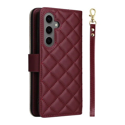 For Samsung Galaxy S24 Phone Case Leather Flip Cover with Rhombus Zipper Pocket