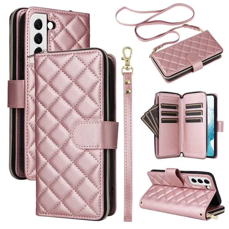For Samsung Galaxy S22 5G Case Wallet Rhombus Grid Leather Phone Cover with Short / Long Straps