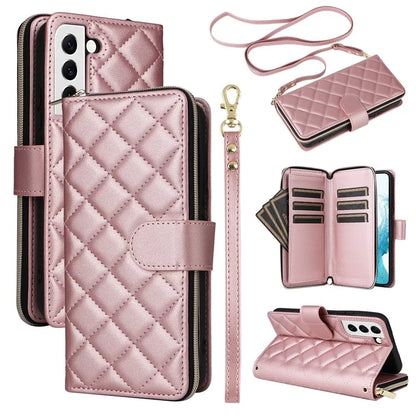 For Samsung Galaxy S22 5G Case Wallet Rhombus Grid Leather Phone Cover with Short / Long Straps