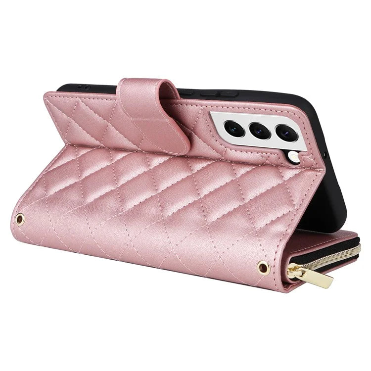For Samsung Galaxy S22 5G Case Wallet Rhombus Grid Leather Phone Cover with Short / Long Straps