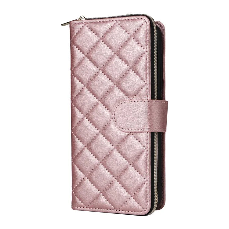 For Samsung Galaxy S22 5G Case Wallet Rhombus Grid Leather Phone Cover with Short / Long Straps
