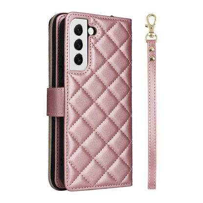 For Samsung Galaxy S22 5G Case Wallet Rhombus Grid Leather Phone Cover with Short / Long Straps