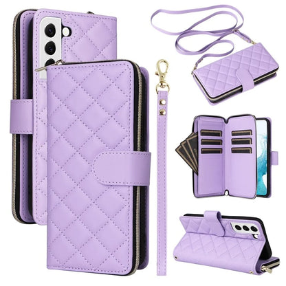 For Samsung Galaxy S22 5G Case Wallet Rhombus Grid Leather Phone Cover with Short / Long Straps
