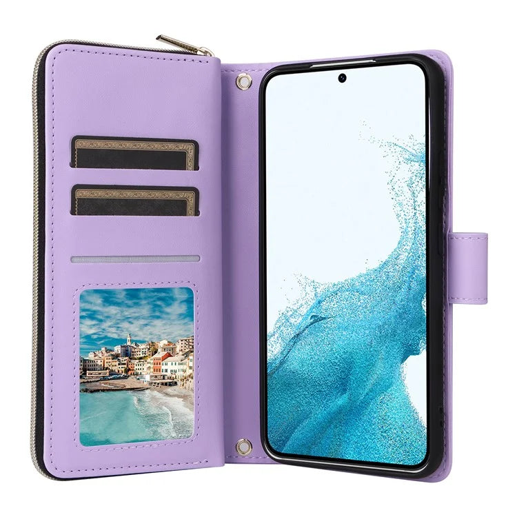 For Samsung Galaxy S22 5G Case Wallet Rhombus Grid Leather Phone Cover with Short / Long Straps
