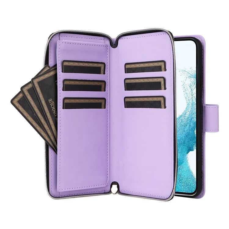 For Samsung Galaxy S22 5G Case Wallet Rhombus Grid Leather Phone Cover with Short / Long Straps
