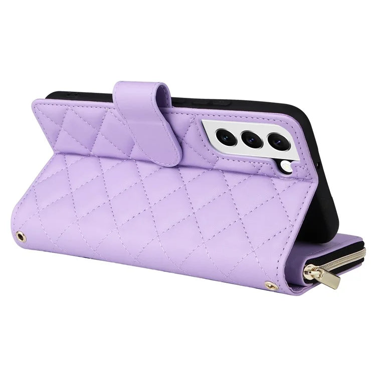For Samsung Galaxy S22 5G Case Wallet Rhombus Grid Leather Phone Cover with Short / Long Straps