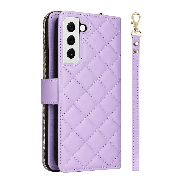For Samsung Galaxy S22 5G Case Wallet Rhombus Grid Leather Phone Cover with Short / Long Straps