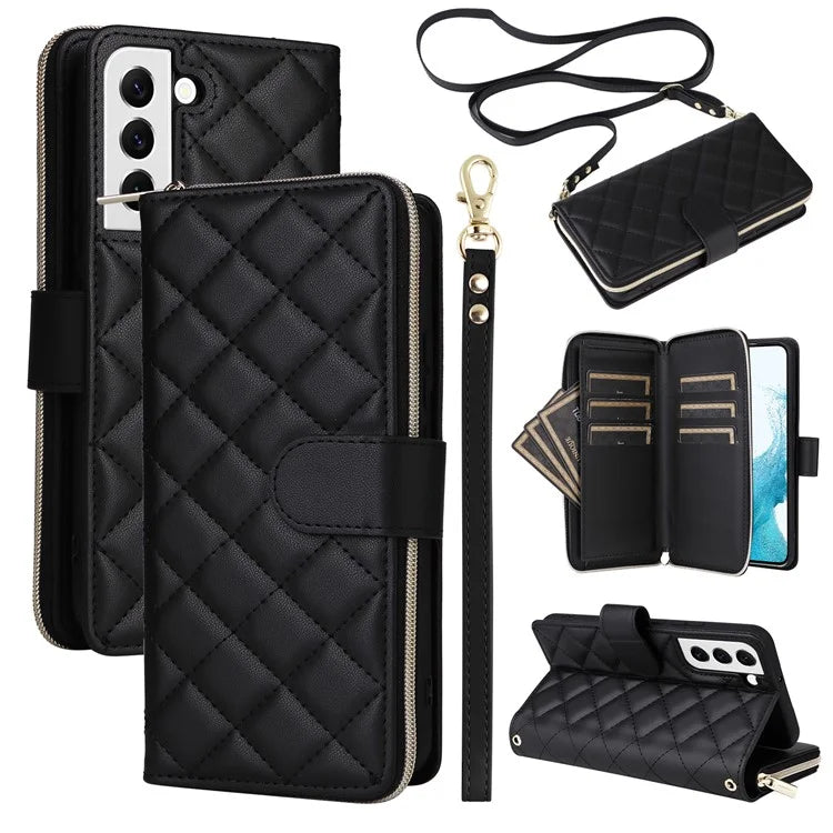 For Samsung Galaxy S22 5G Case Wallet Rhombus Grid Leather Phone Cover with Short / Long Straps