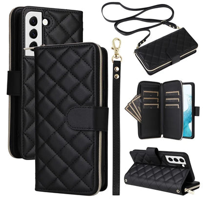 For Samsung Galaxy S22 5G Case Wallet Rhombus Grid Leather Phone Cover with Short / Long Straps