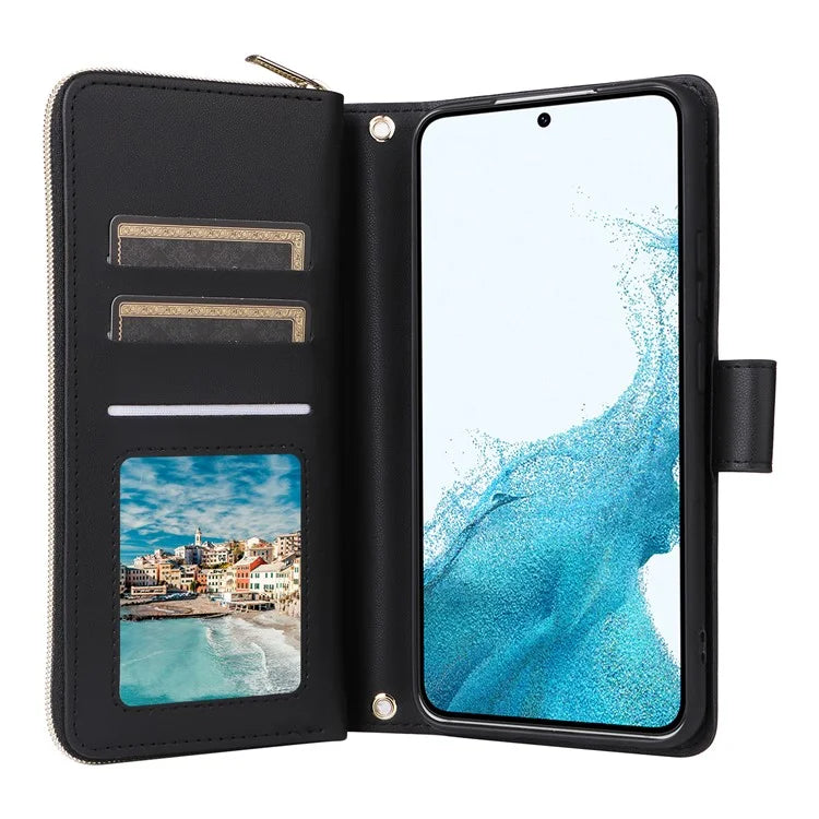 For Samsung Galaxy S22 5G Case Wallet Rhombus Grid Leather Phone Cover with Short / Long Straps