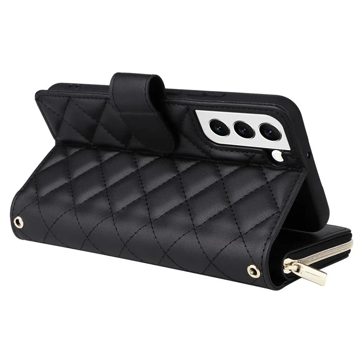 For Samsung Galaxy S22 5G Case Wallet Rhombus Grid Leather Phone Cover with Short / Long Straps