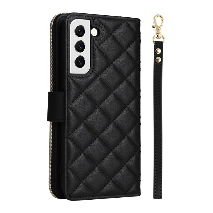 For Samsung Galaxy S22 5G Case Wallet Rhombus Grid Leather Phone Cover with Short / Long Straps