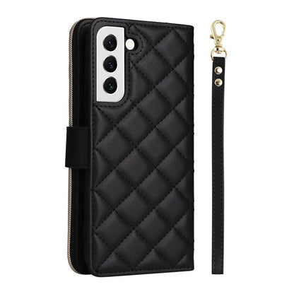 For Samsung Galaxy S22 5G Case Wallet Rhombus Grid Leather Phone Cover with Short / Long Straps