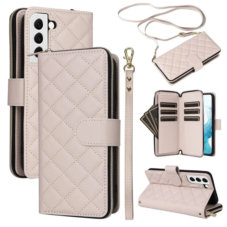 For Samsung Galaxy S22 5G Case Wallet Rhombus Grid Leather Phone Cover with Short / Long Straps