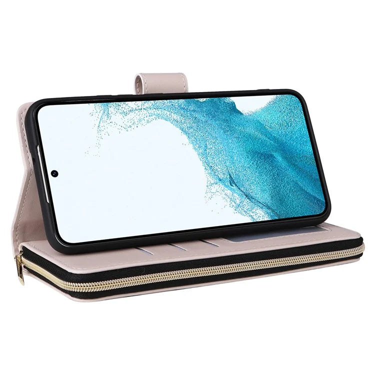 For Samsung Galaxy S22 5G Case Wallet Rhombus Grid Leather Phone Cover with Short / Long Straps