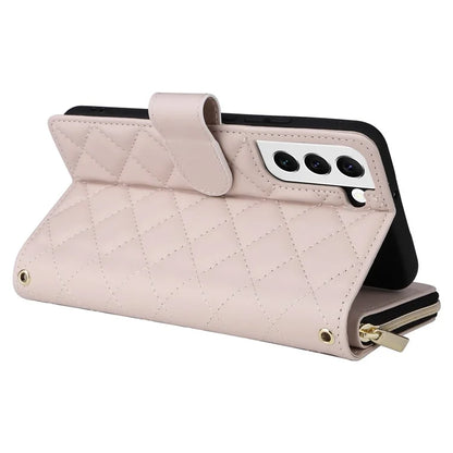 For Samsung Galaxy S22 5G Case Wallet Rhombus Grid Leather Phone Cover with Short / Long Straps
