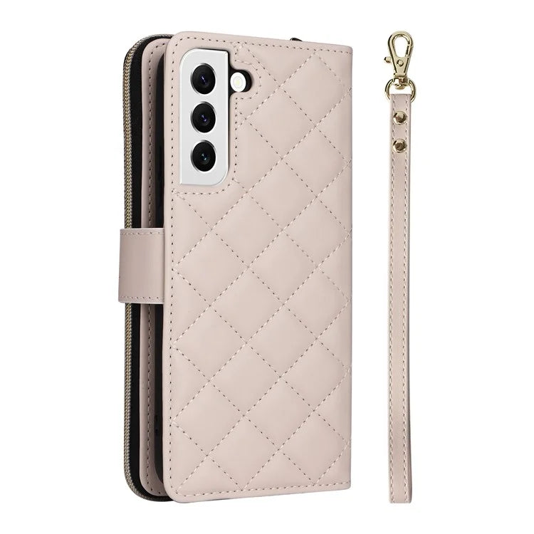 For Samsung Galaxy S22 5G Case Wallet Rhombus Grid Leather Phone Cover with Short / Long Straps