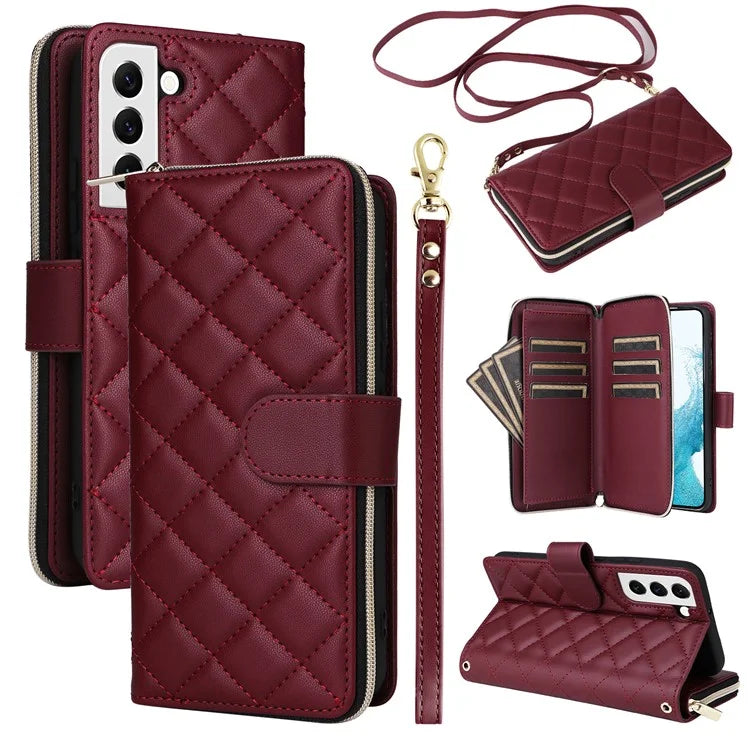 For Samsung Galaxy S22 5G Case Wallet Rhombus Grid Leather Phone Cover with Short / Long Straps