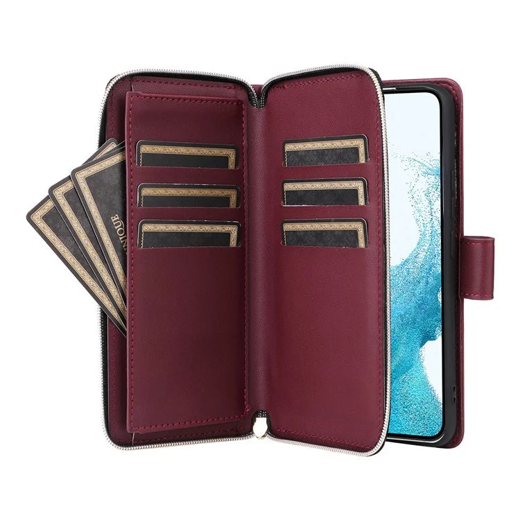 For Samsung Galaxy S22 5G Case Wallet Rhombus Grid Leather Phone Cover with Short / Long Straps