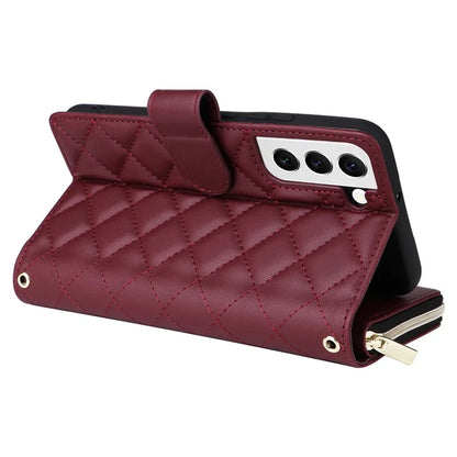 For Samsung Galaxy S22 5G Case Wallet Rhombus Grid Leather Phone Cover with Short / Long Straps