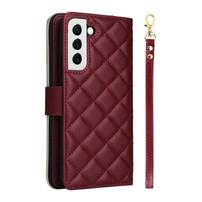 For Samsung Galaxy S22 5G Case Wallet Rhombus Grid Leather Phone Cover with Short / Long Straps