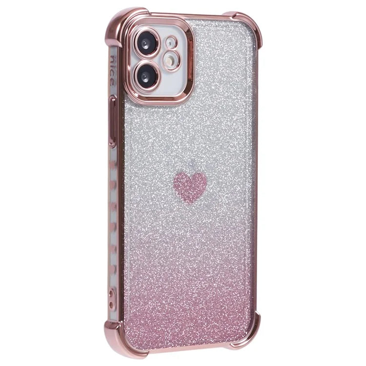 For iPhone 12 Case Heart Pattern TPU Glitter Phone Cover Four Corners Air Cushion